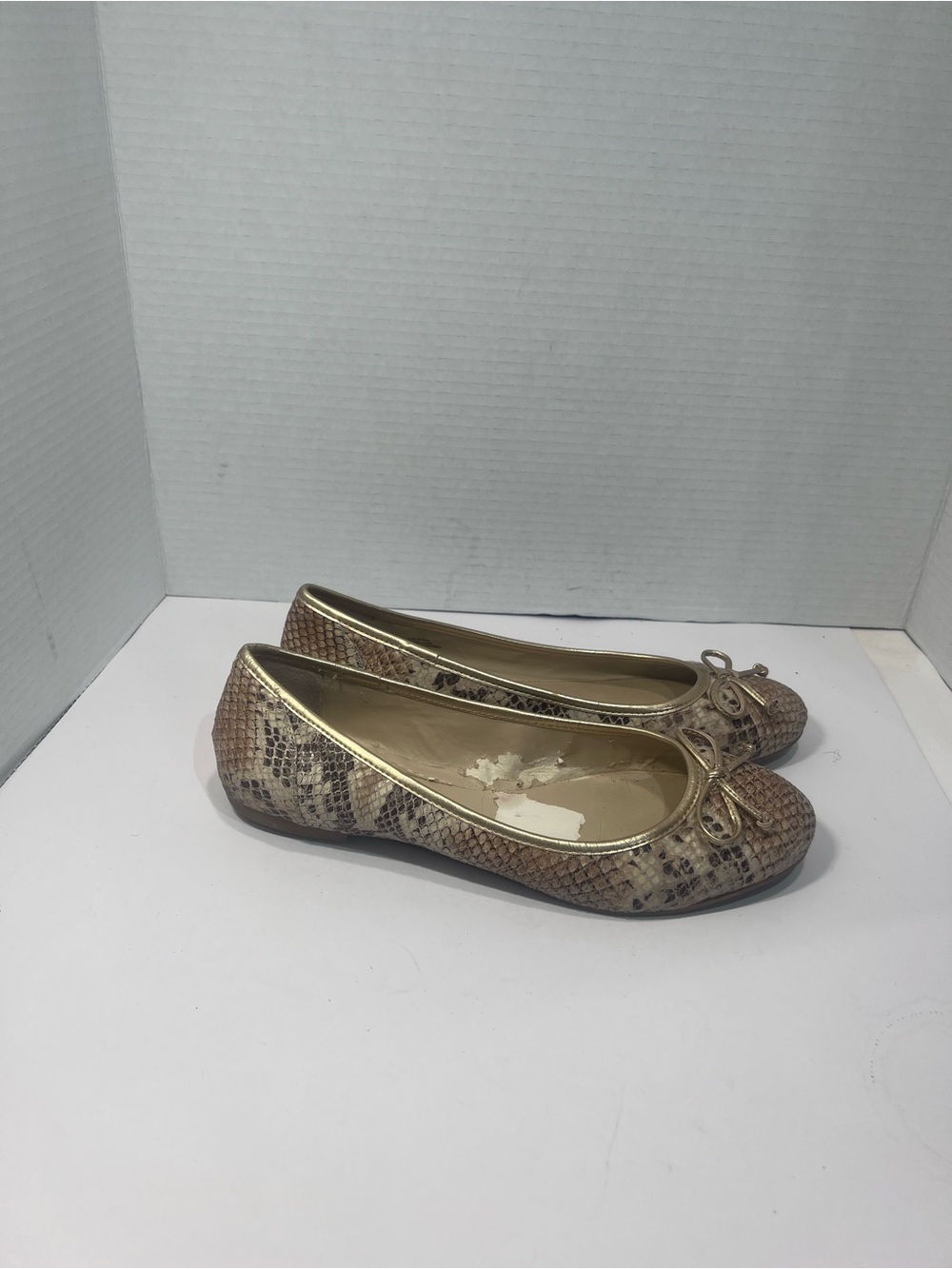 INC International Concepts Women's Snakeskin Ballet Flats in Taupe and Gold Trim